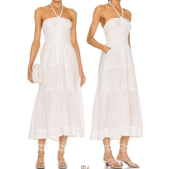A.L.C. Adelle Dress Halter Tiered Smocked Maxi in White Ivory Shirred Voile Day - Picture 6 of 12